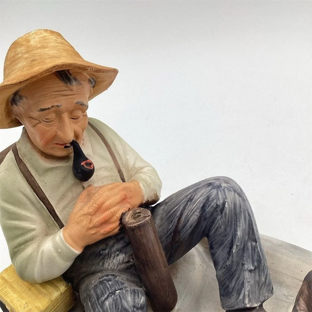 Vintage Ceramic Sleeping Fisherman with Dog‎ Figurine Nautical Decor